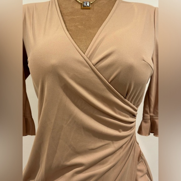 Express Golden Yellow V Neck Wrap Look, Ruffle Edges Draped Midi Dress Sz S - Picture 3 of 13